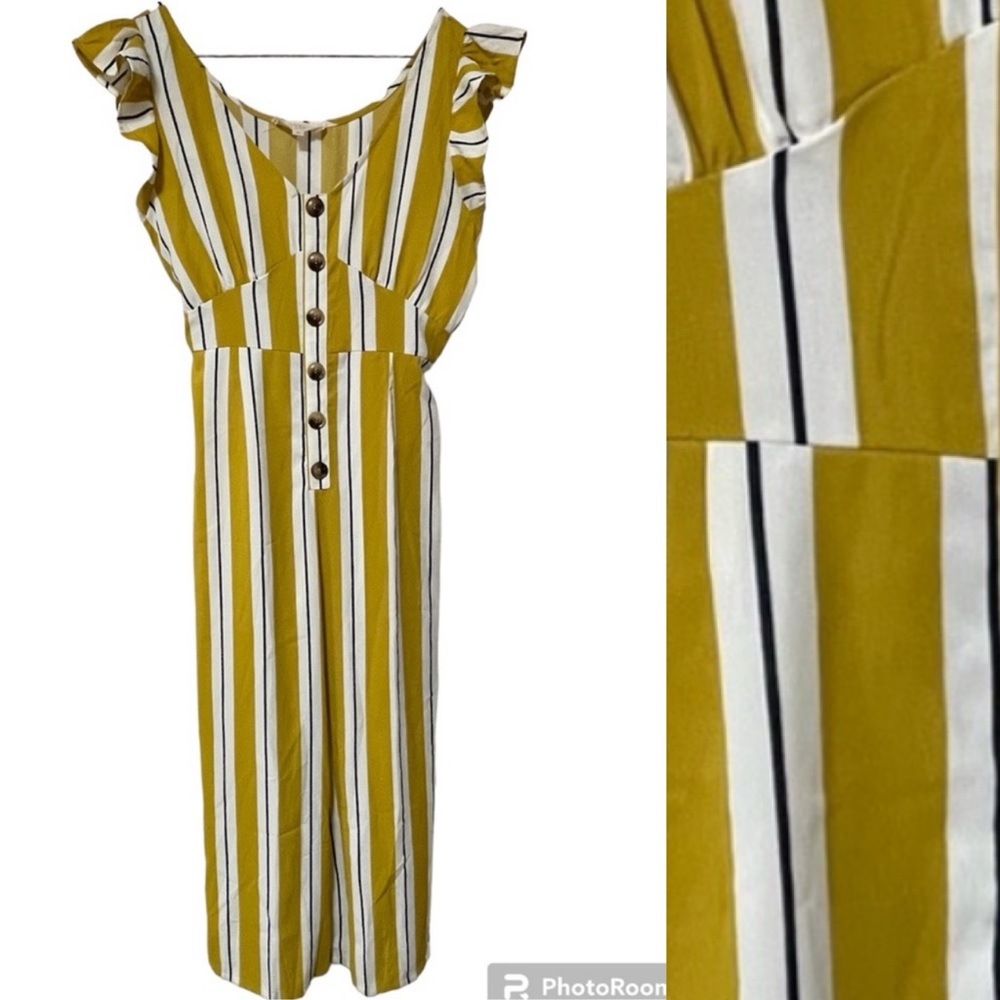 Sweet Wanderer Mustard Yellow/White Romper Lightweight Ruffle Sleeves Zipper